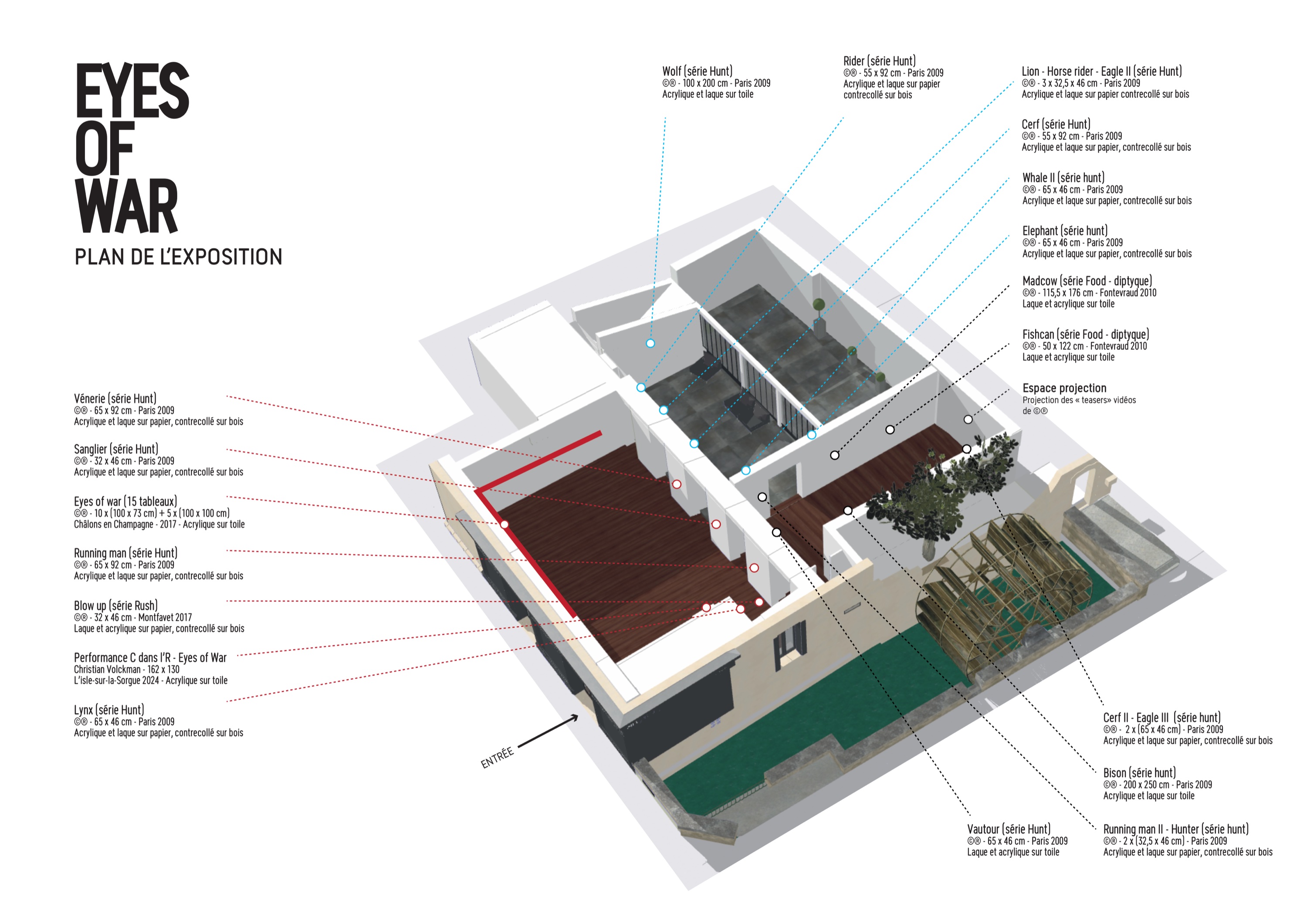 Plan of the Eyes of War exhibition at 4rt Gallery, with every work located